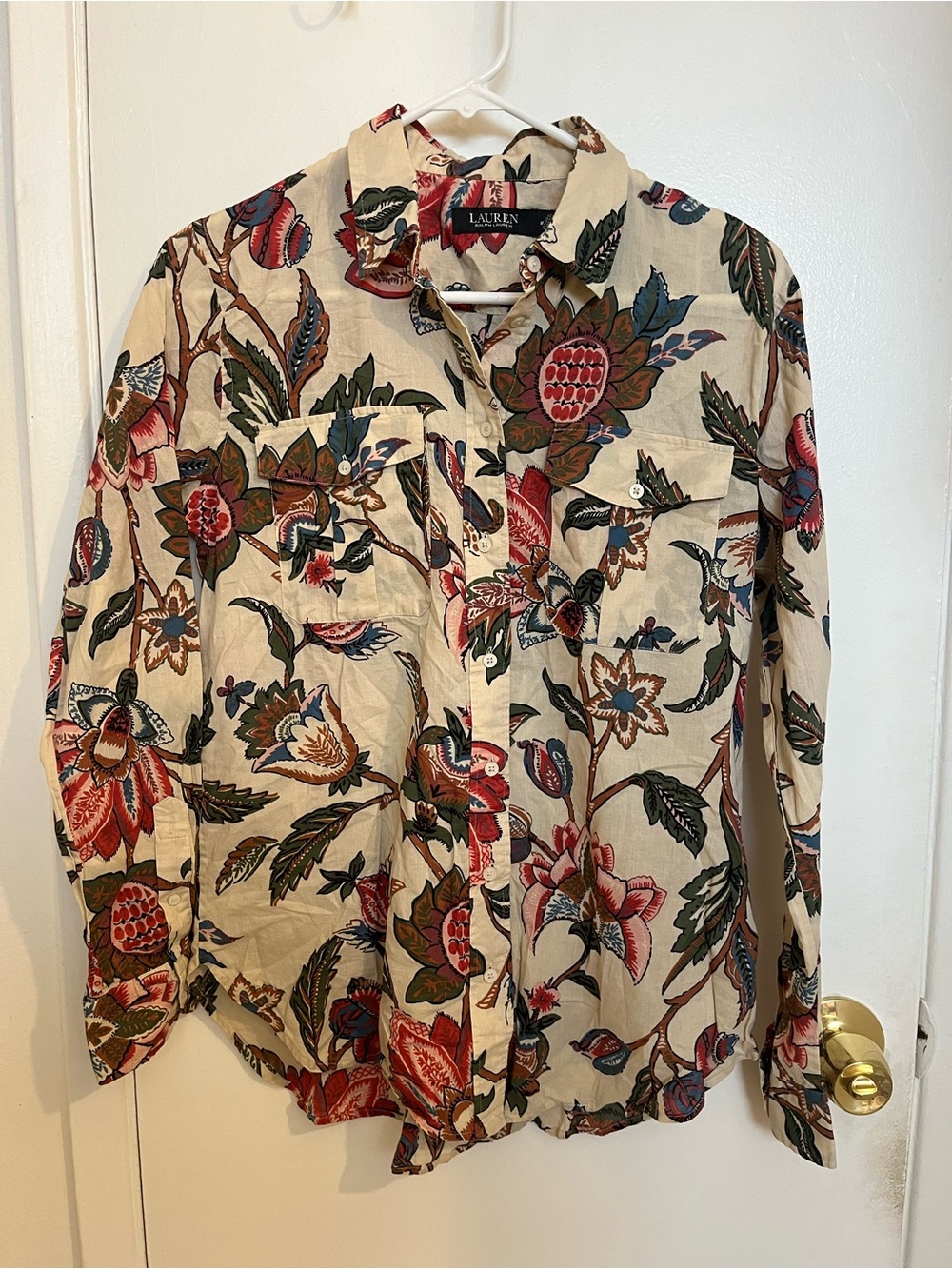 Lauren Ralph Lauren Beige Floral Button-Down with Red and Blue Blooms